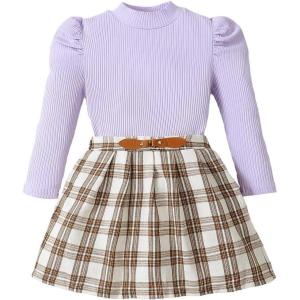imageKucnuzki Toddler Baby Girl Fall Winter Clothes Long Sleeve Ribbed Shirt Top Corduroy Mini Skirt Plaid Aline Dress OutfitPurple