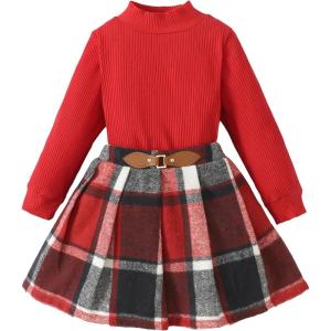 imageKucnuzki Toddler Baby Girl Fall Winter Clothes Long Sleeve Ribbed Shirt Top Corduroy Mini Skirt Plaid Aline Dress OutfitRed