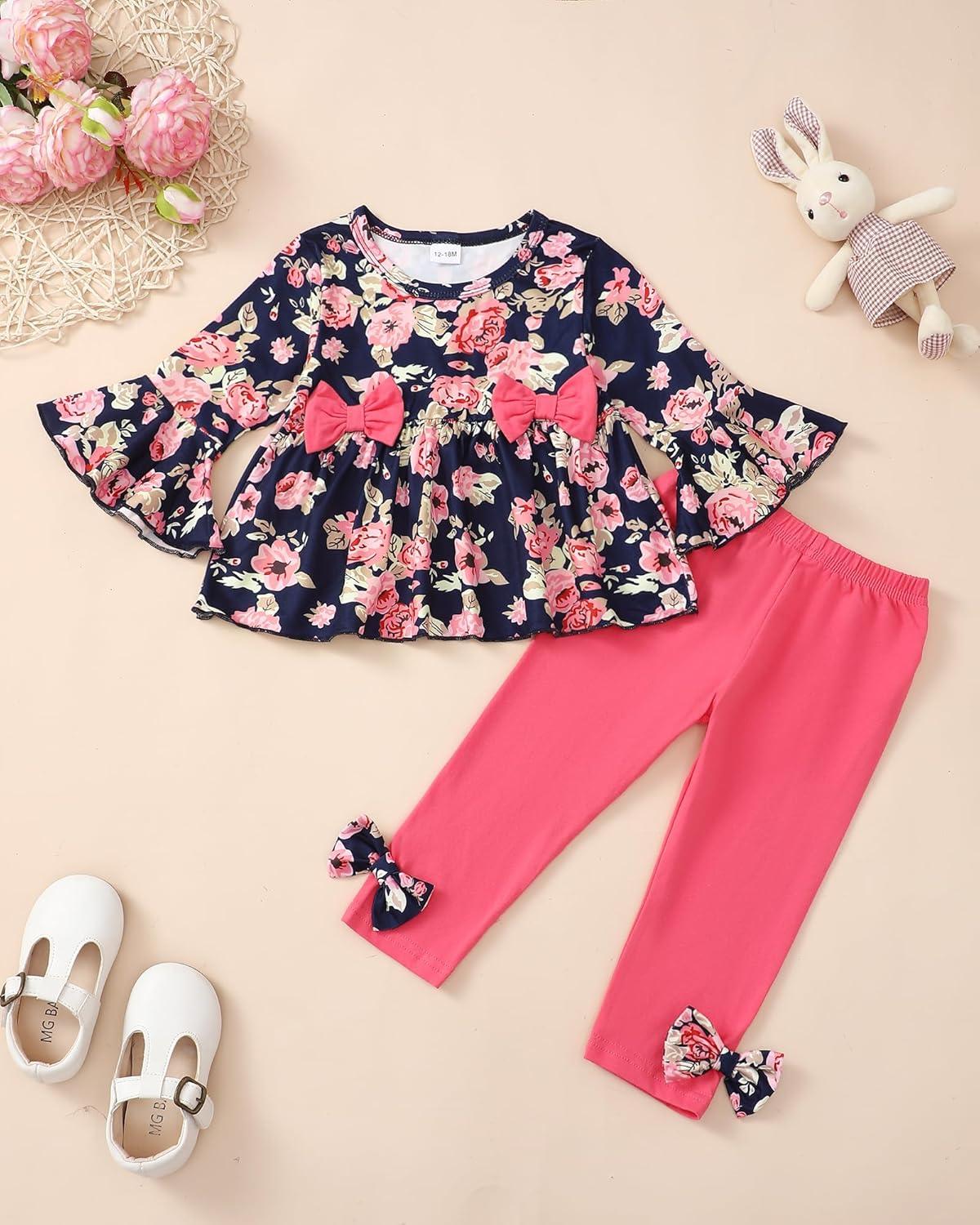 imageBaby Girl Clothes Toddler Girl Fall Outfits Ruffle Long Sleeve Floral Shirt Tops Winter Leggings Pants Clothing SetBlue Flower