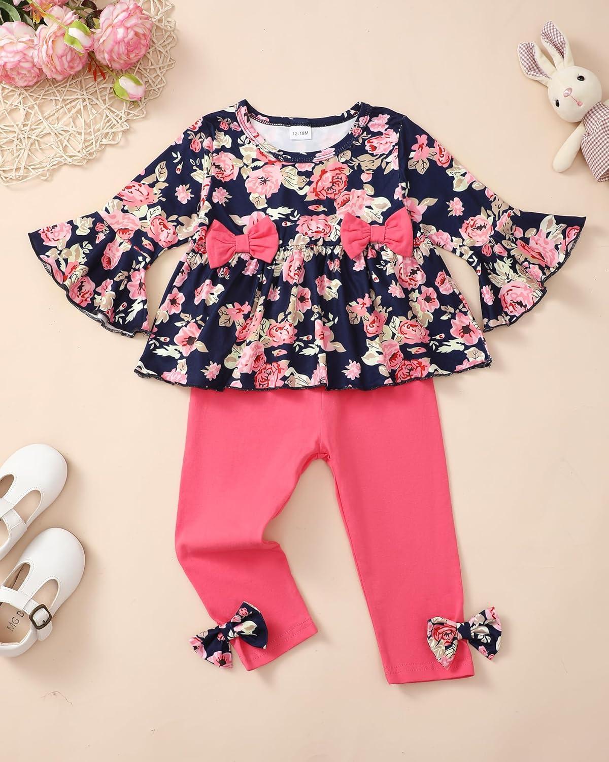 imageBaby Girl Clothes Toddler Girl Fall Outfits Ruffle Long Sleeve Floral Shirt Tops Winter Leggings Pants Clothing SetBlue Flower