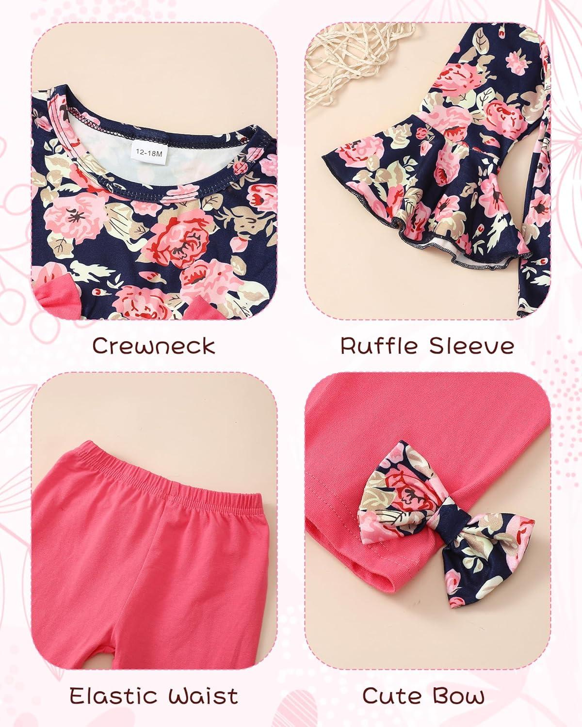 imageBaby Girl Clothes Toddler Girl Fall Outfits Ruffle Long Sleeve Floral Shirt Tops Winter Leggings Pants Clothing SetBlue Flower