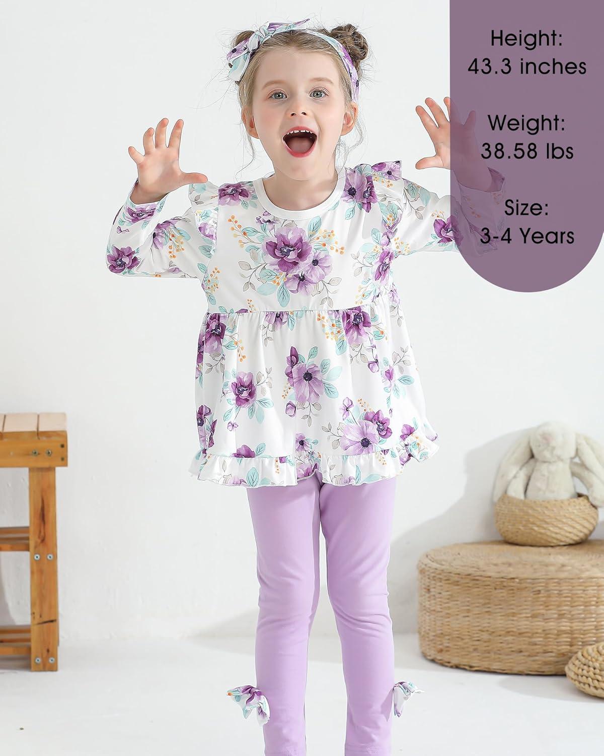 imageBaby Girl Clothes Toddler Girl Fall Outfits Ruffle Long Sleeve Floral Shirt Tops Winter Leggings Pants Clothing SetFloral Purple