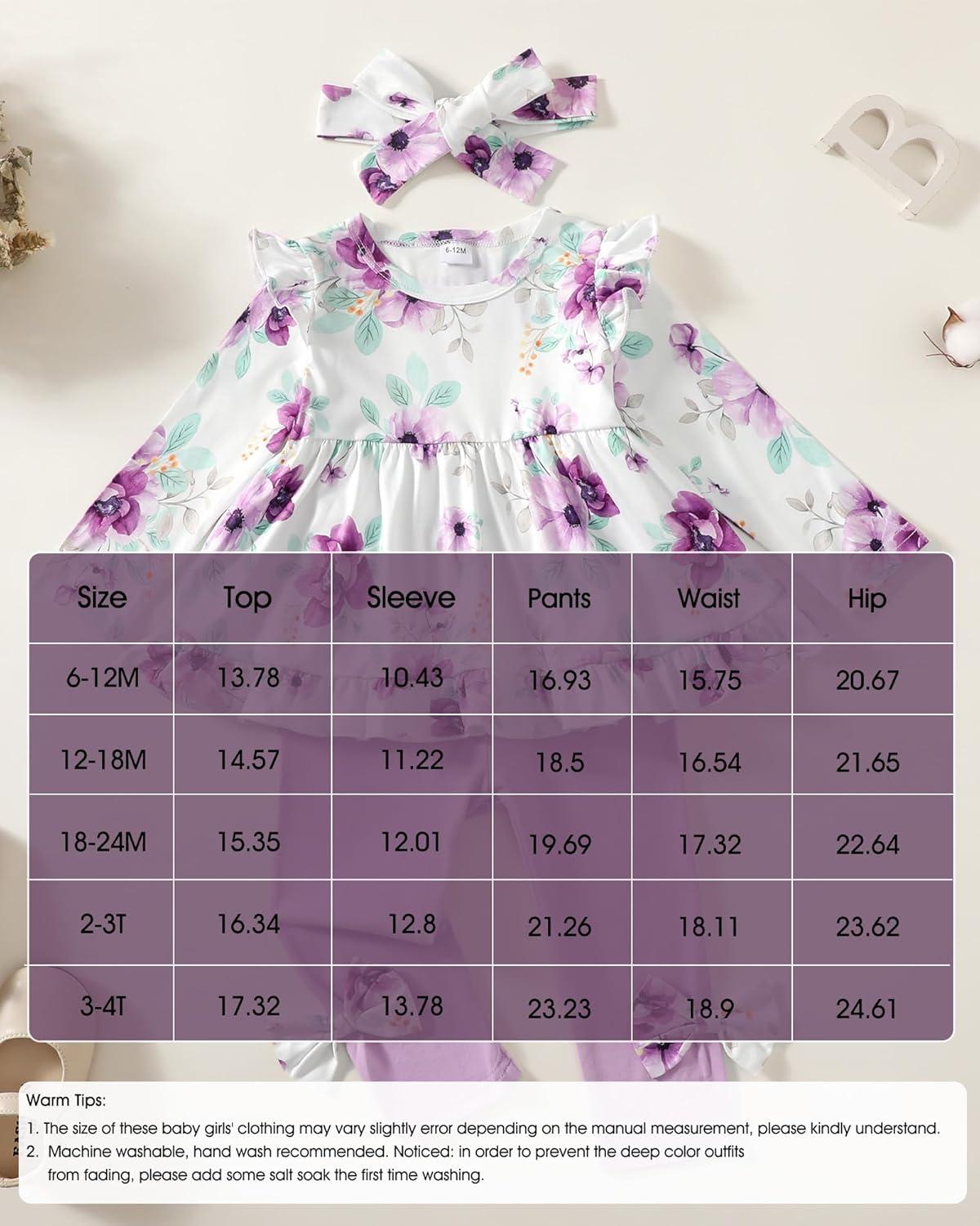 imageBaby Girl Clothes Toddler Girl Fall Outfits Ruffle Long Sleeve Floral Shirt Tops Winter Leggings Pants Clothing SetFloral Purple