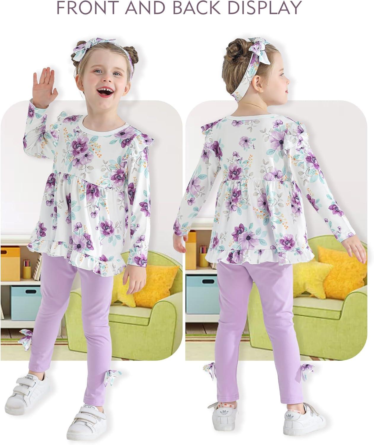 imageBaby Girl Clothes Toddler Girl Fall Outfits Ruffle Long Sleeve Floral Shirt Tops Winter Leggings Pants Clothing SetFloral Purple