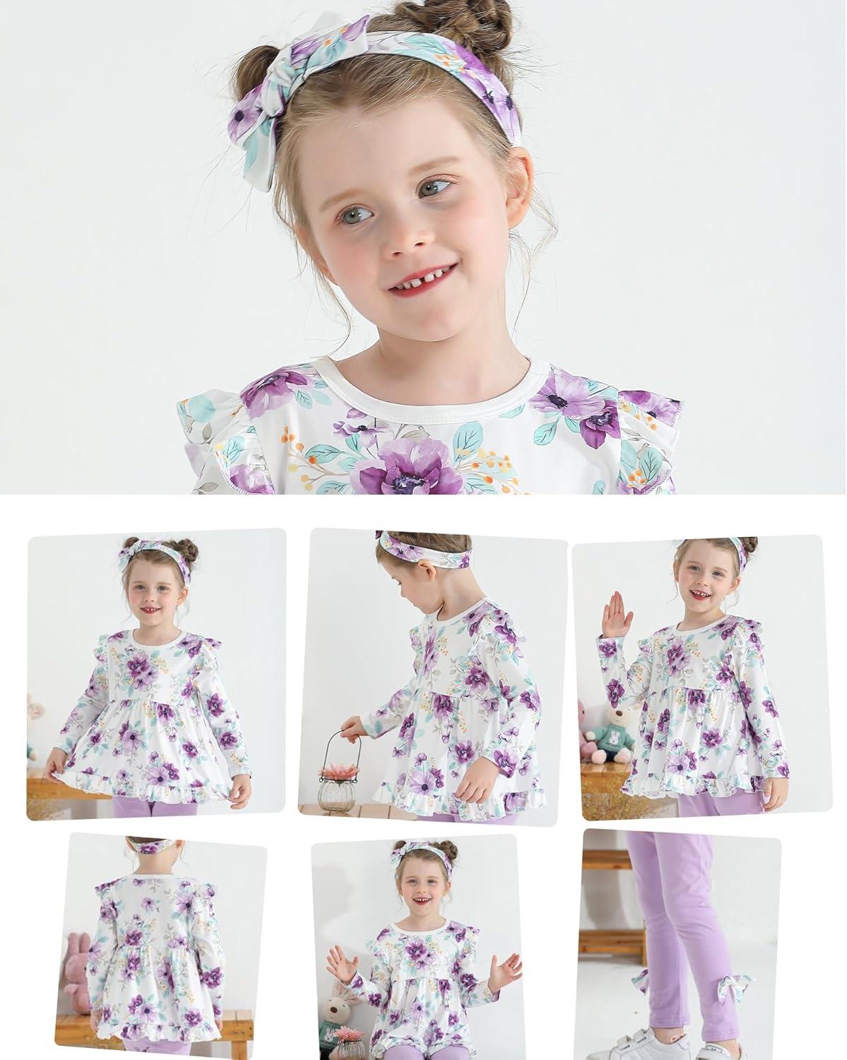 imageBaby Girl Clothes Toddler Girl Fall Outfits Ruffle Long Sleeve Floral Shirt Tops Winter Leggings Pants Clothing SetFloral Purple