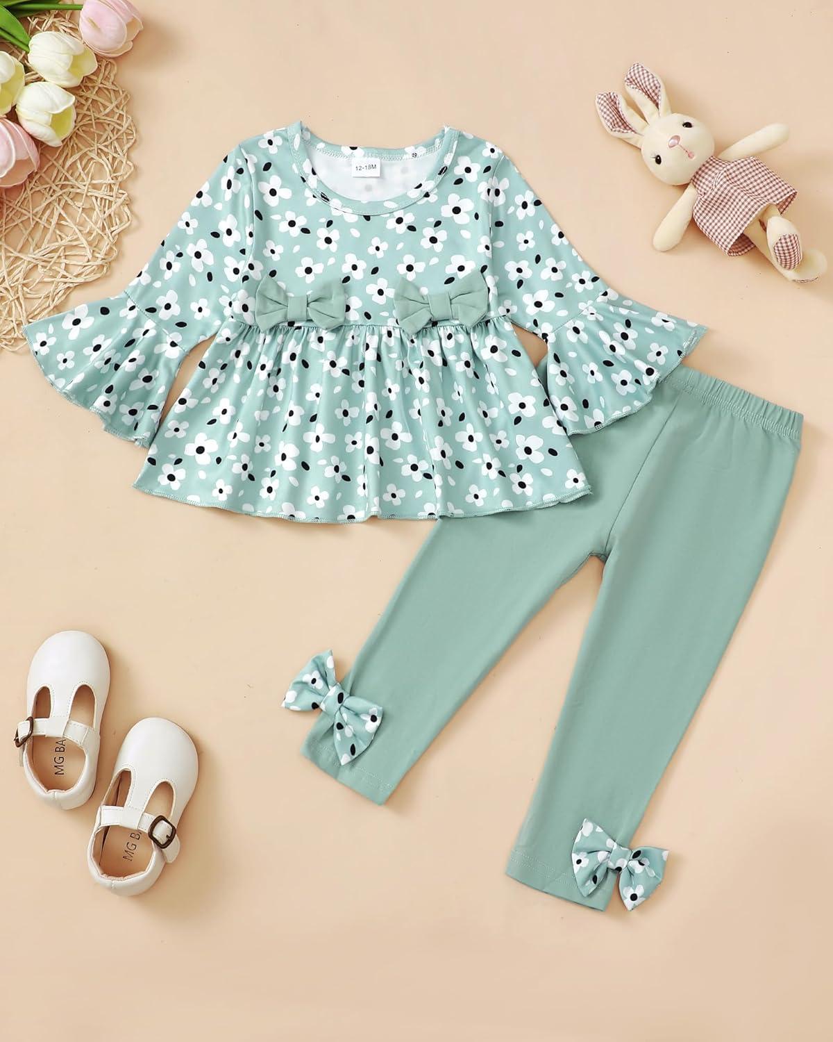 imageBaby Girl Clothes Toddler Girl Fall Outfits Ruffle Long Sleeve Floral Shirt Tops Winter Leggings Pants Clothing SetGreen