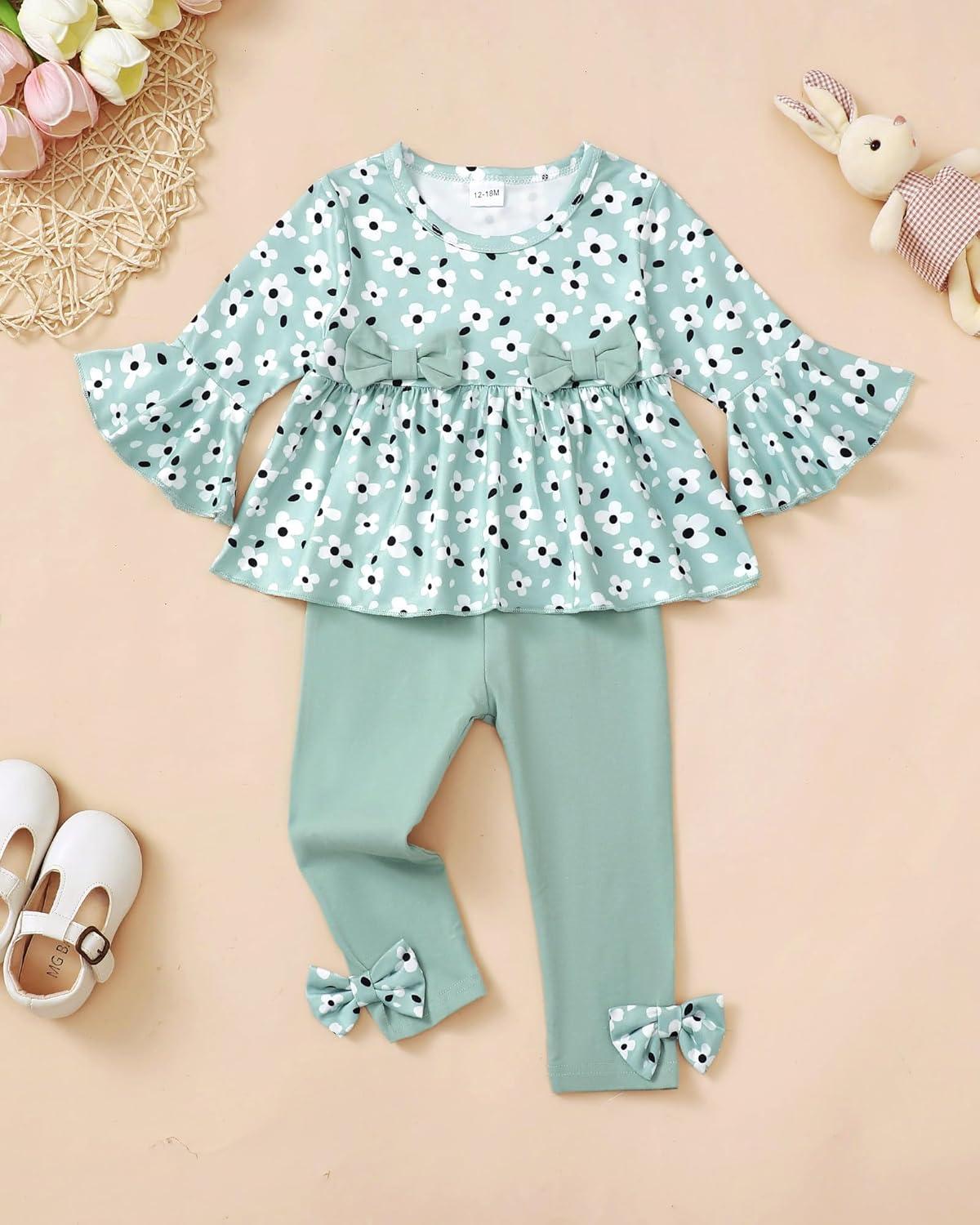 imageBaby Girl Clothes Toddler Girl Fall Outfits Ruffle Long Sleeve Floral Shirt Tops Winter Leggings Pants Clothing SetGreen