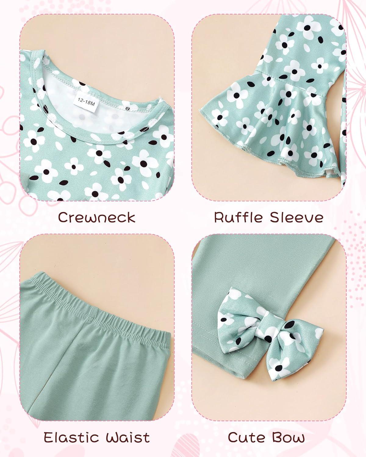imageBaby Girl Clothes Toddler Girl Fall Outfits Ruffle Long Sleeve Floral Shirt Tops Winter Leggings Pants Clothing SetGreen