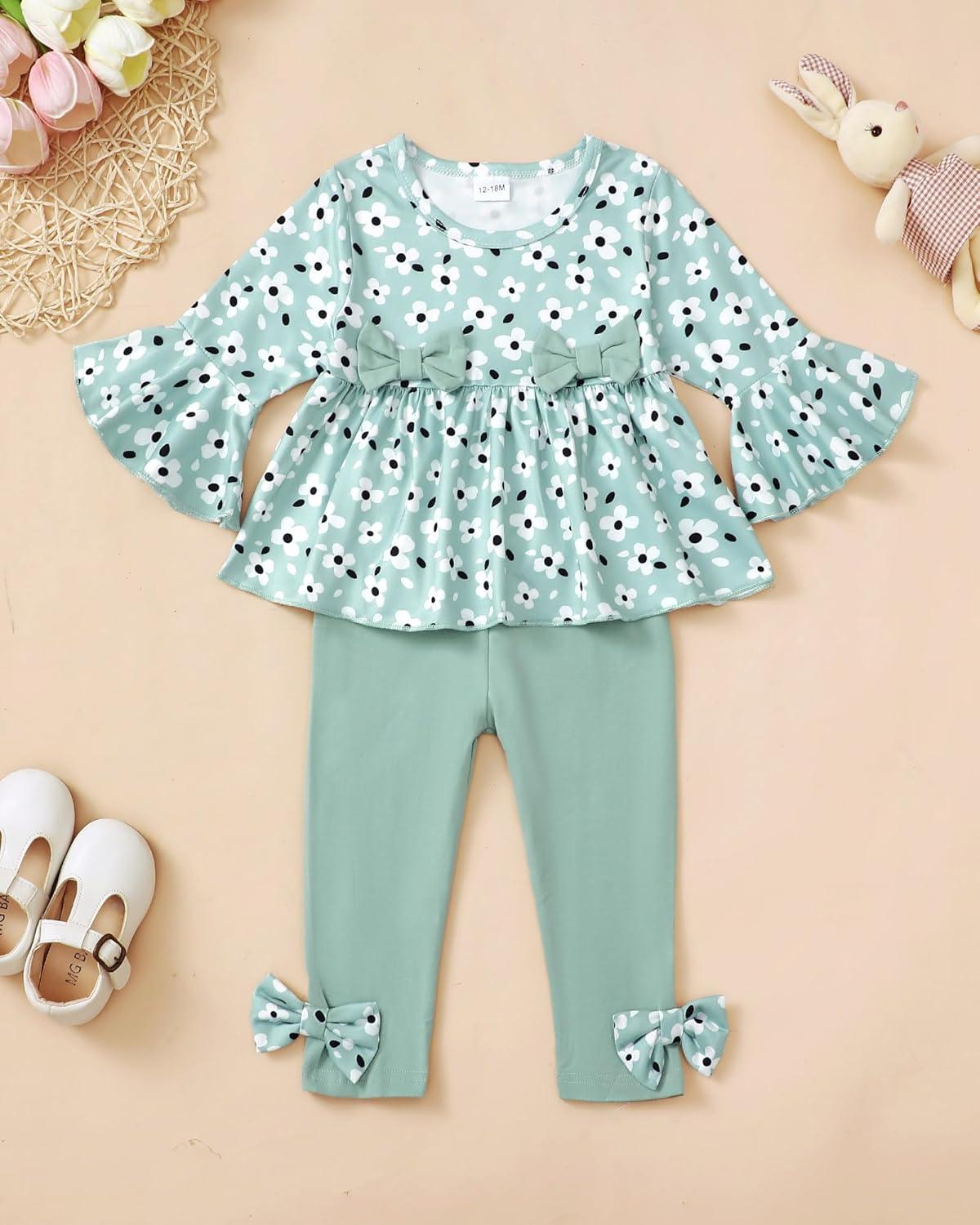 imageBaby Girl Clothes Toddler Girl Fall Outfits Ruffle Long Sleeve Floral Shirt Tops Winter Leggings Pants Clothing SetGreen