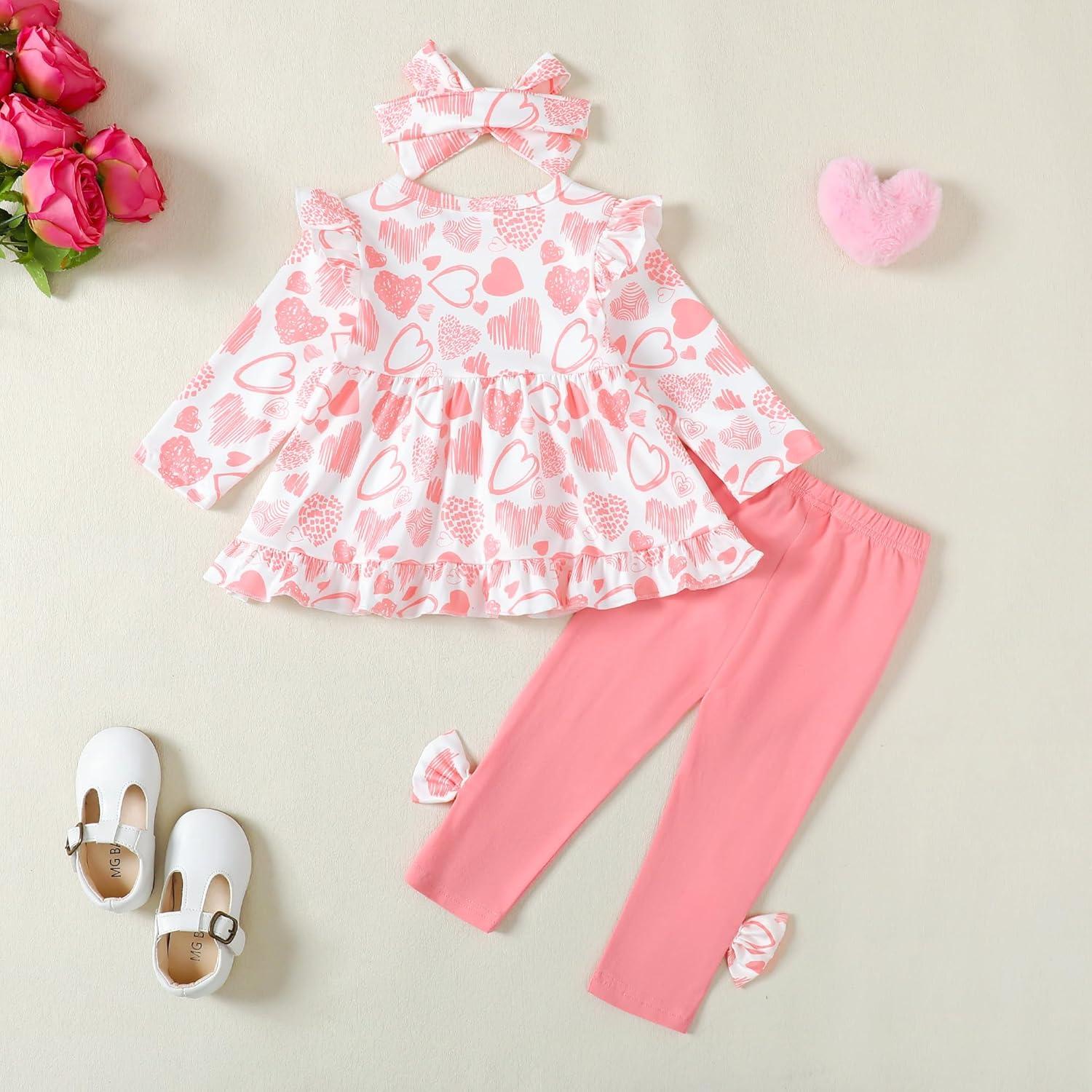 imageBaby Girl Clothes Toddler Girl Fall Outfits Ruffle Long Sleeve Floral Shirt Tops Winter Leggings Pants Clothing SetHeart Pink