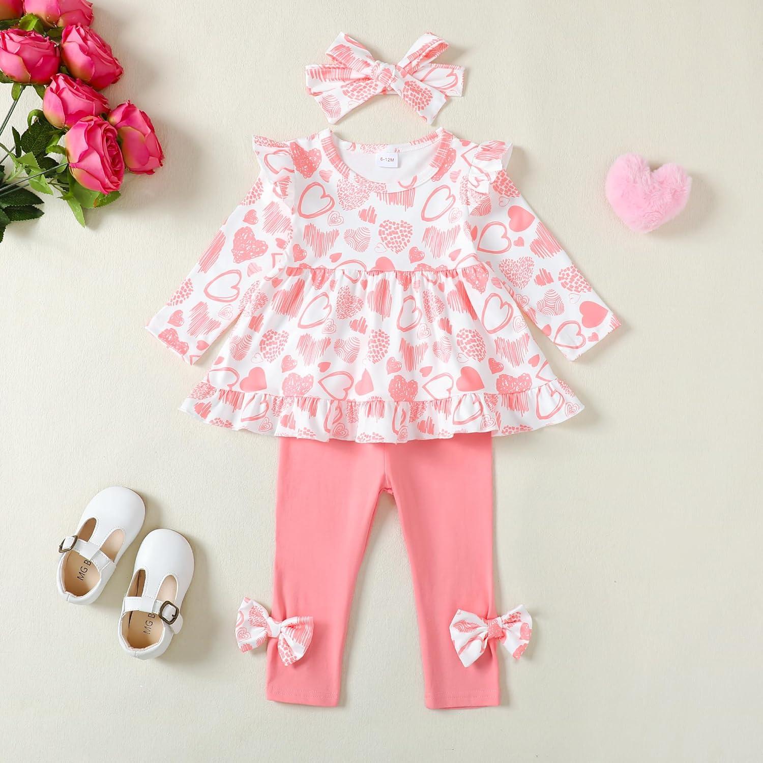imageBaby Girl Clothes Toddler Girl Fall Outfits Ruffle Long Sleeve Floral Shirt Tops Winter Leggings Pants Clothing SetHeart Pink