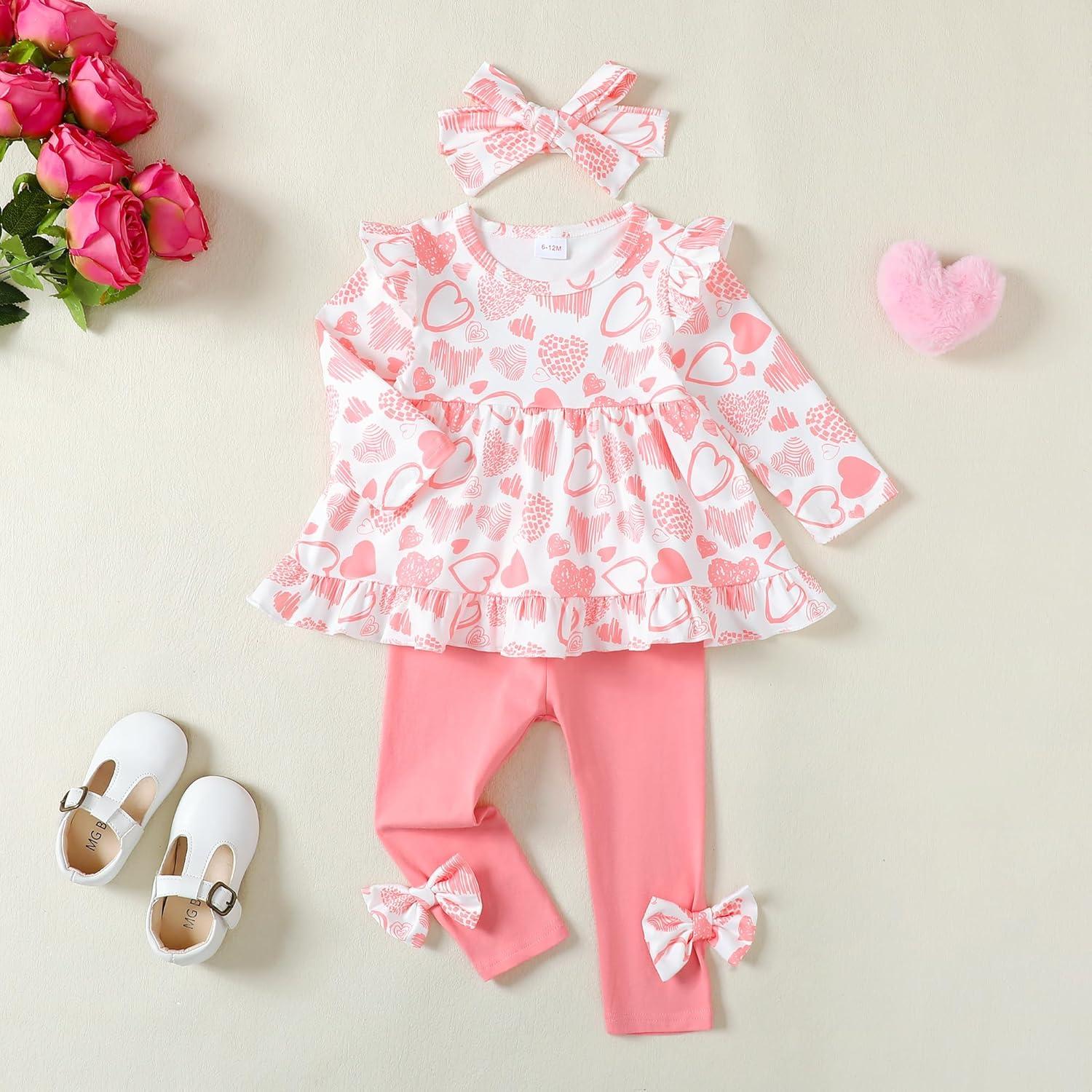 imageBaby Girl Clothes Toddler Girl Fall Outfits Ruffle Long Sleeve Floral Shirt Tops Winter Leggings Pants Clothing SetHeart Pink