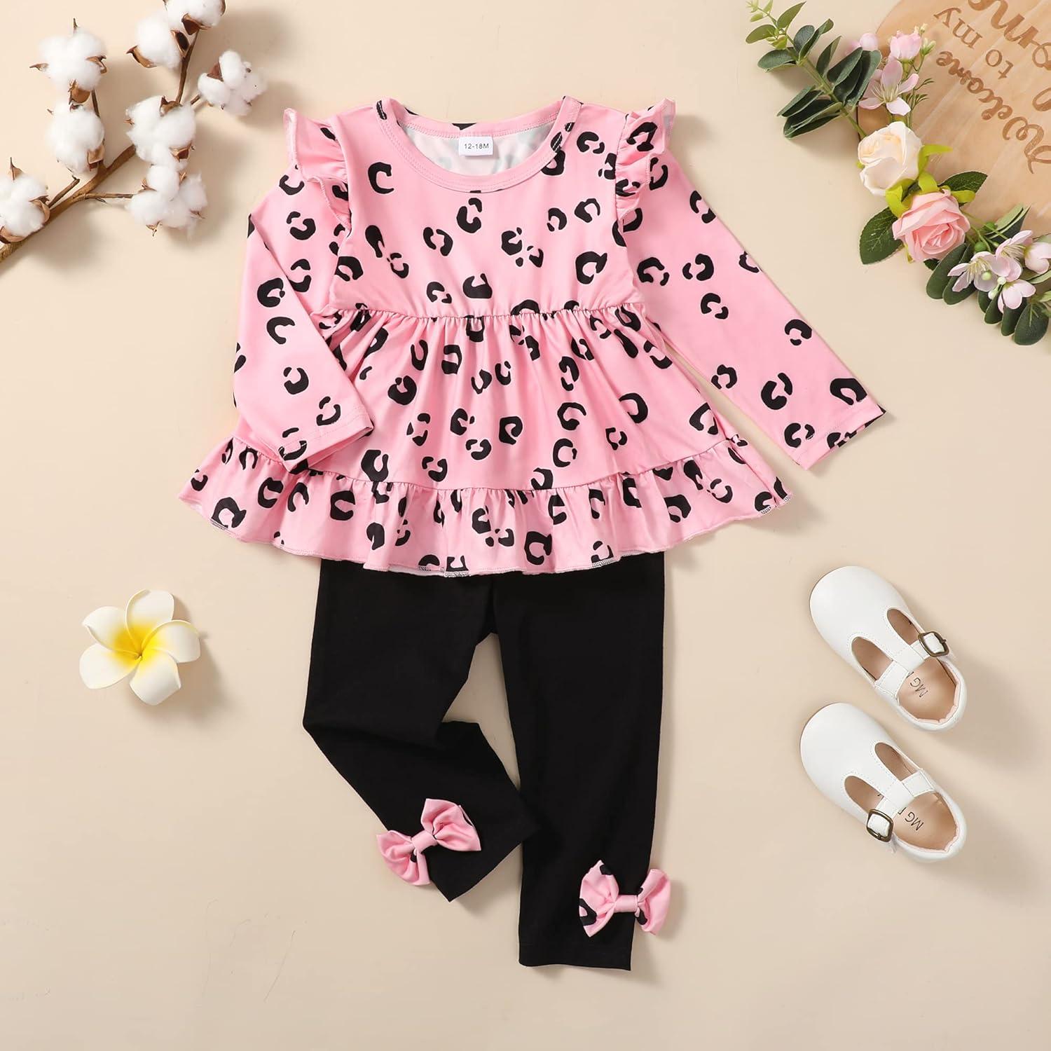 imageBaby Girl Clothes Toddler Girl Fall Outfits Ruffle Long Sleeve Floral Shirt Tops Winter Leggings Pants Clothing SetPink Black
