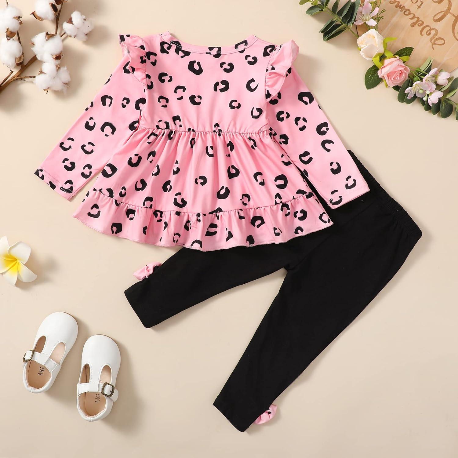 imageBaby Girl Clothes Toddler Girl Fall Outfits Ruffle Long Sleeve Floral Shirt Tops Winter Leggings Pants Clothing SetPink Black