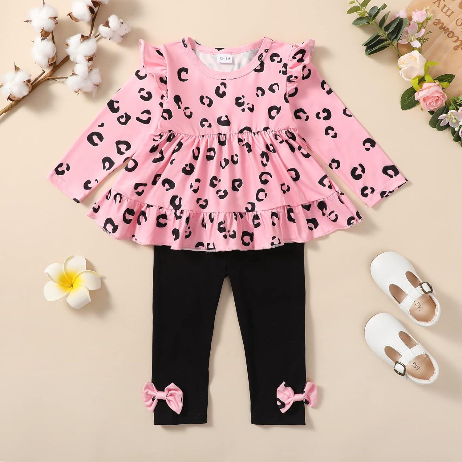 imageBaby Girl Clothes Toddler Girl Fall Outfits Ruffle Long Sleeve Floral Shirt Tops Winter Leggings Pants Clothing SetPink Black