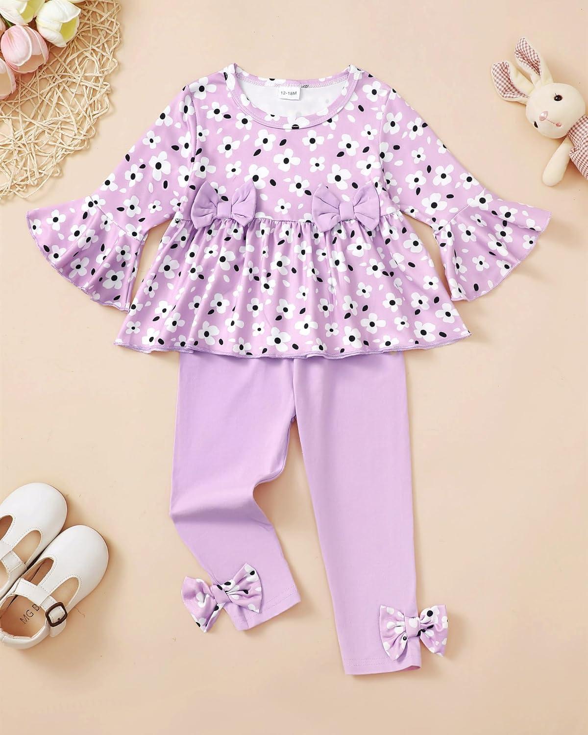 imageBaby Girl Clothes Toddler Girl Fall Outfits Ruffle Long Sleeve Floral Shirt Tops Winter Leggings Pants Clothing SetPurple