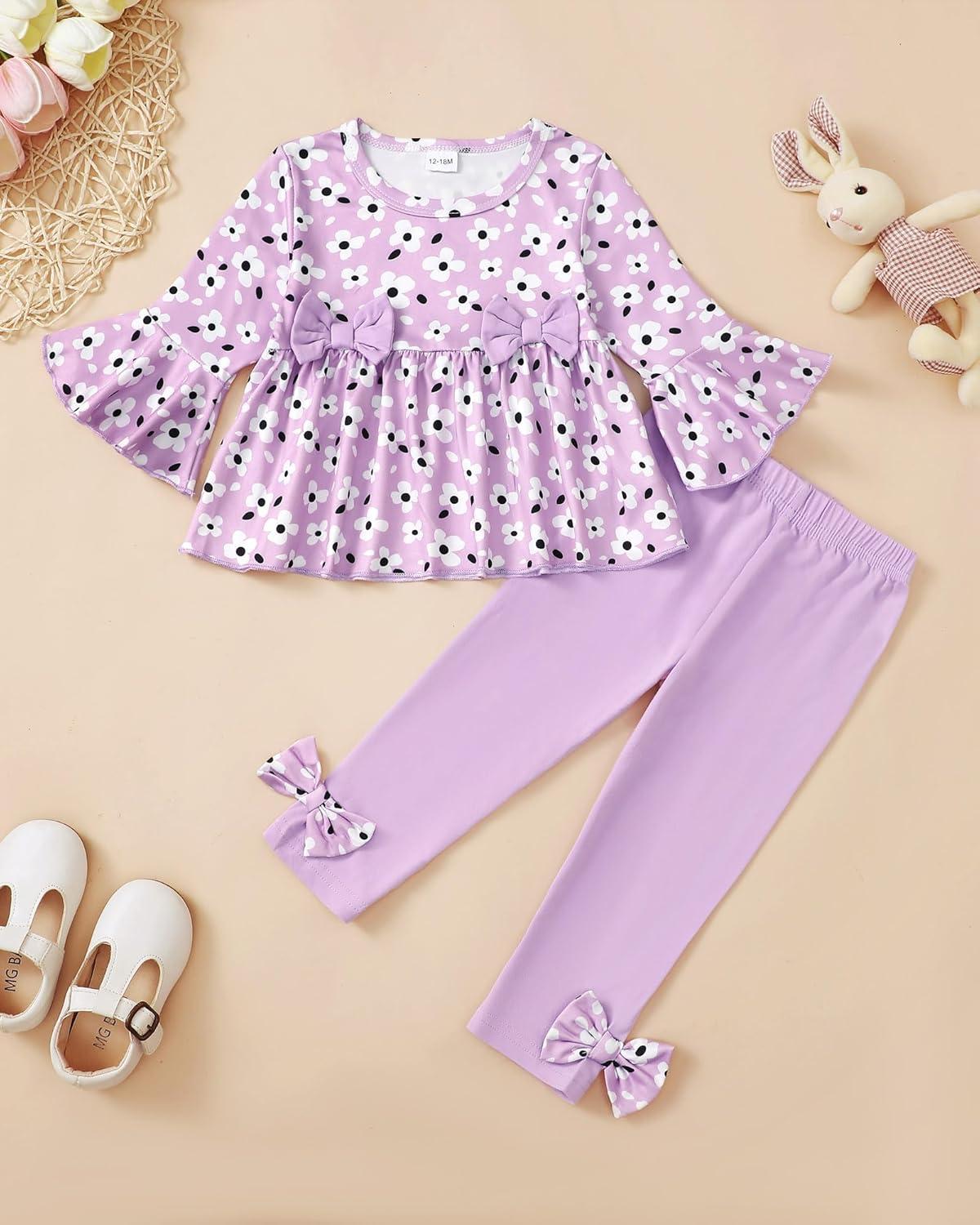 imageBaby Girl Clothes Toddler Girl Fall Outfits Ruffle Long Sleeve Floral Shirt Tops Winter Leggings Pants Clothing SetPurple