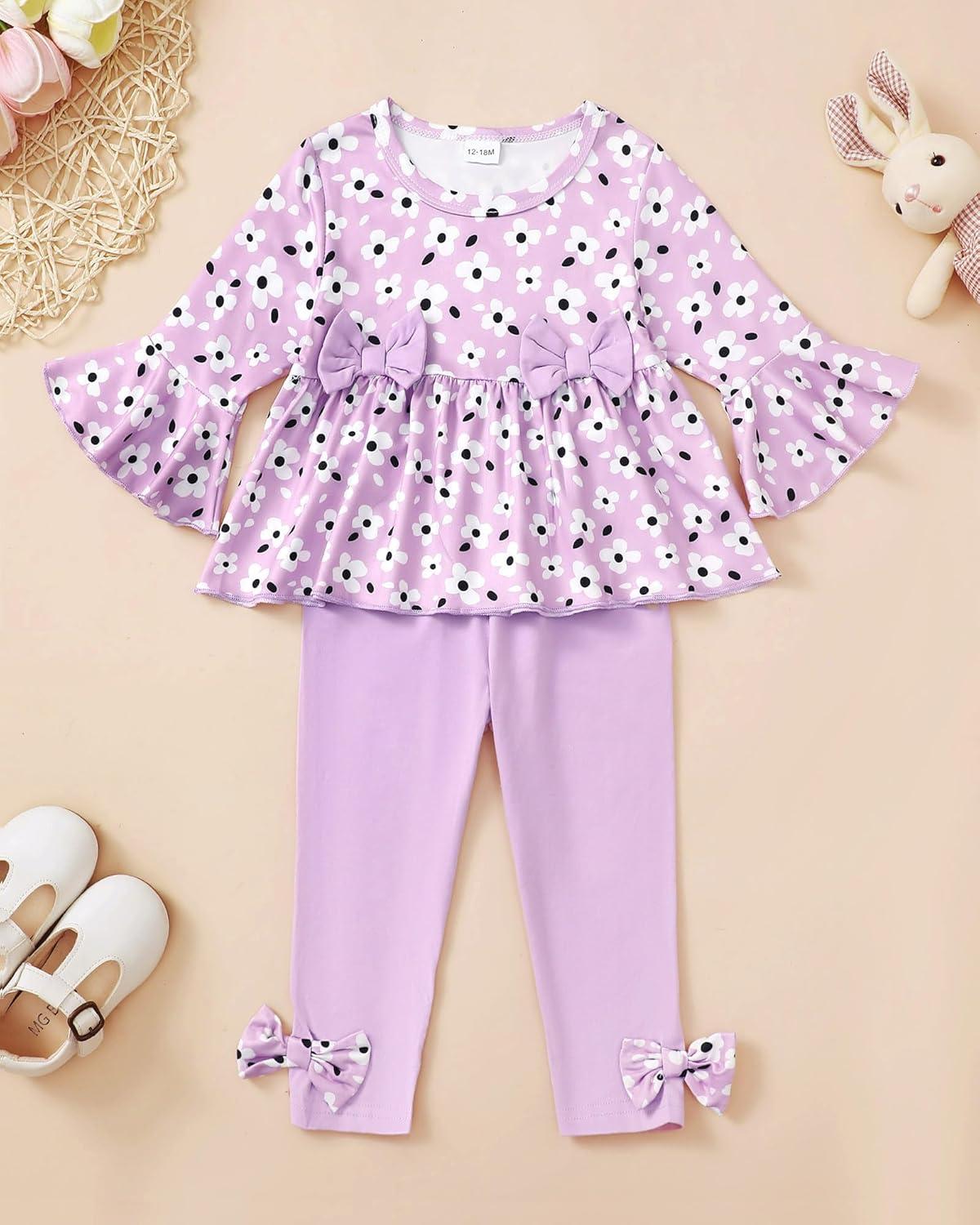 imageBaby Girl Clothes Toddler Girl Fall Outfits Ruffle Long Sleeve Floral Shirt Tops Winter Leggings Pants Clothing SetPurple