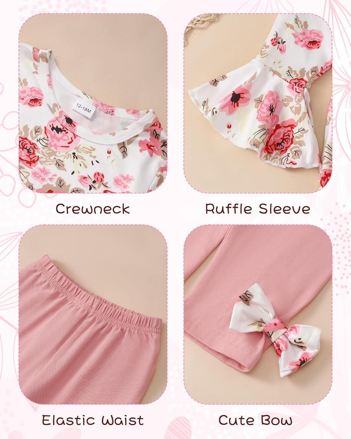 imageBaby Girl Clothes Toddler Girl Fall Outfits Ruffle Long Sleeve Floral Shirt Tops Winter Leggings Pants Clothing SetWhite Flower