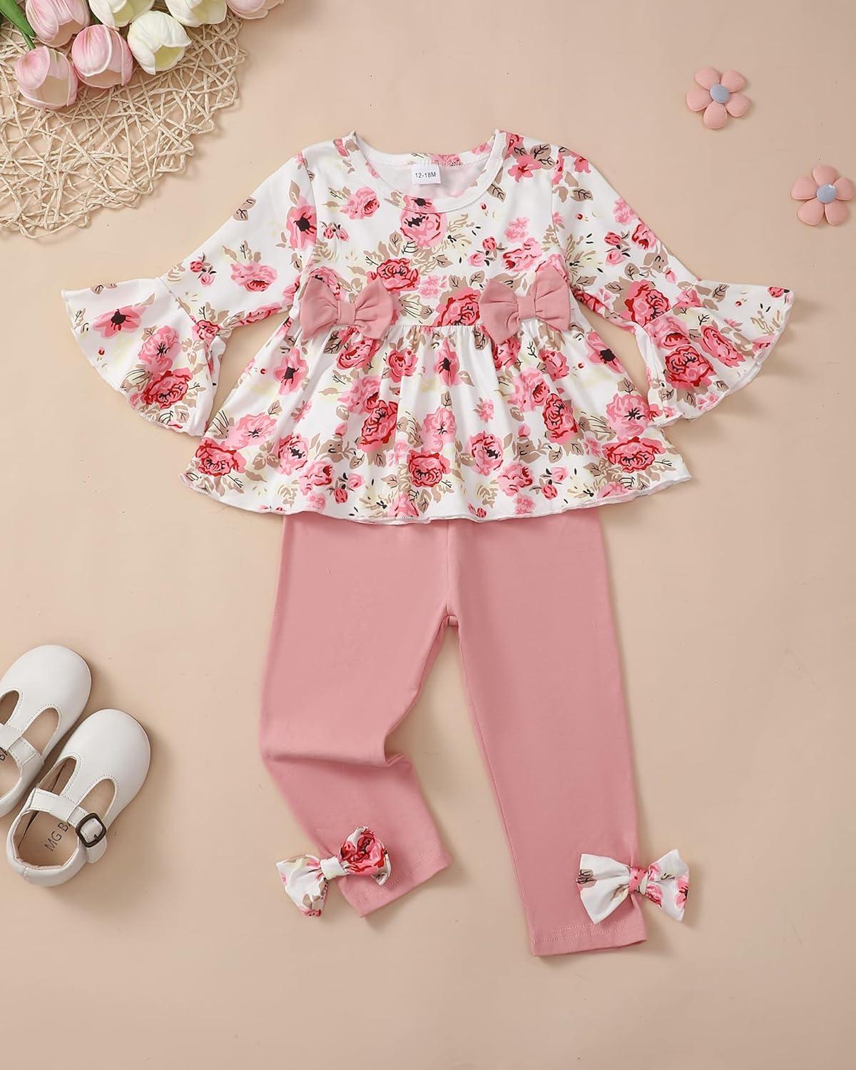imageBaby Girl Clothes Toddler Girl Fall Outfits Ruffle Long Sleeve Floral Shirt Tops Winter Leggings Pants Clothing SetWhite Flower