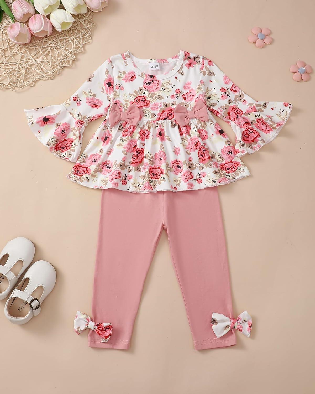 imageBaby Girl Clothes Toddler Girl Fall Outfits Ruffle Long Sleeve Floral Shirt Tops Winter Leggings Pants Clothing SetWhite Flower