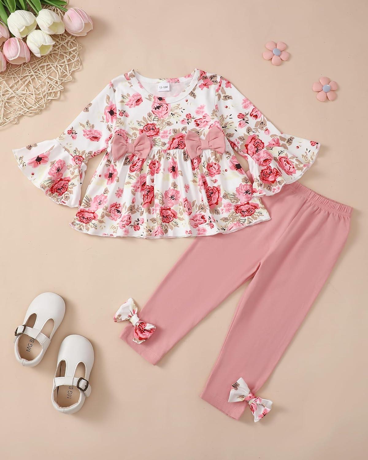 imageBaby Girl Clothes Toddler Girl Fall Outfits Ruffle Long Sleeve Floral Shirt Tops Winter Leggings Pants Clothing SetWhite Flower