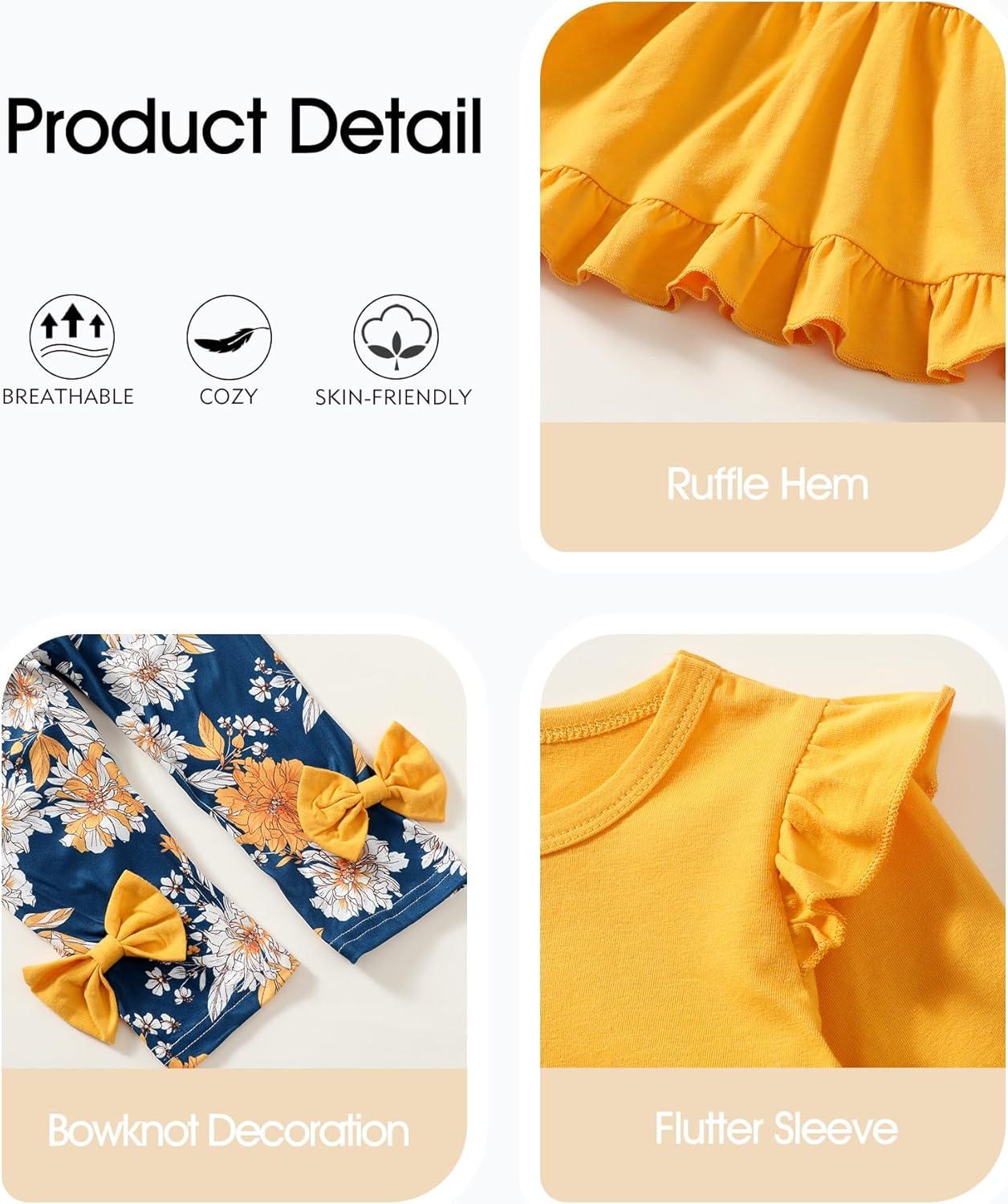 imageBaby Girl Clothes Toddler Girl Fall Outfits Ruffle Long Sleeve Floral Shirt Tops Winter Leggings Pants Clothing SetYellow
