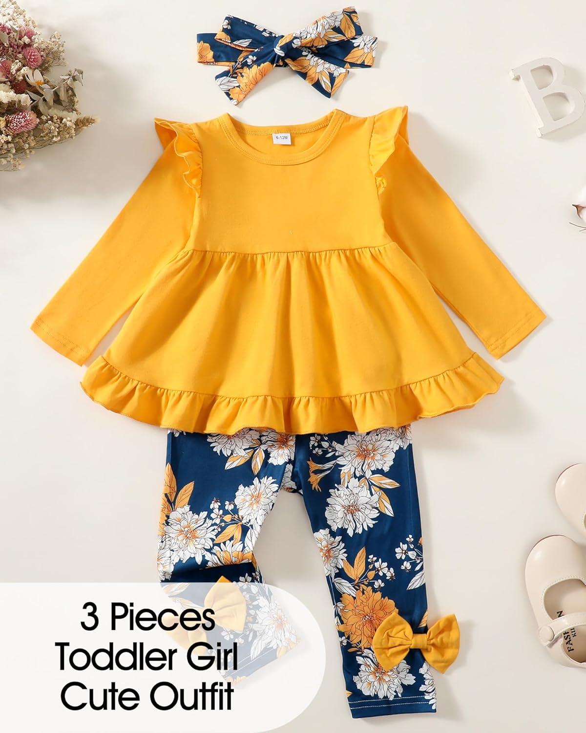 imageBaby Girl Clothes Toddler Girl Fall Outfits Ruffle Long Sleeve Floral Shirt Tops Winter Leggings Pants Clothing SetYellow