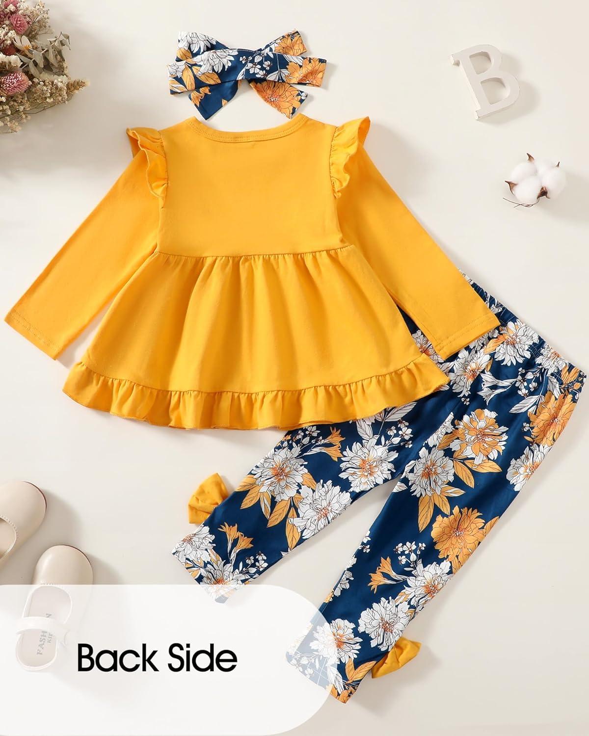 imageBaby Girl Clothes Toddler Girl Fall Outfits Ruffle Long Sleeve Floral Shirt Tops Winter Leggings Pants Clothing SetYellow