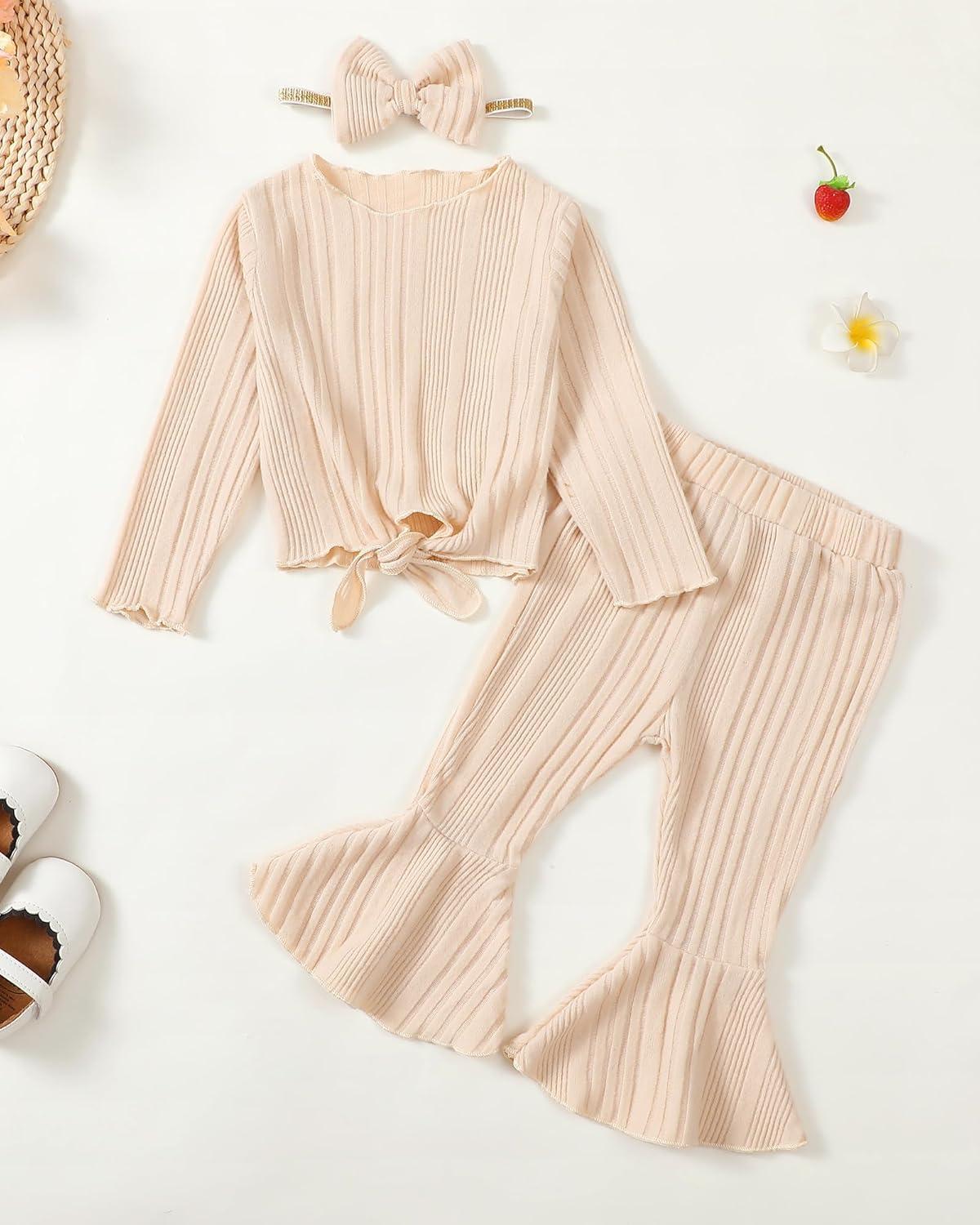 imageKucnuzki Baby Girl Clothes Toddler Clothes Long Sleeve Plain Shirts Top Bell Bottoms Flare Pants Infant Girl Fall OutfitApricot