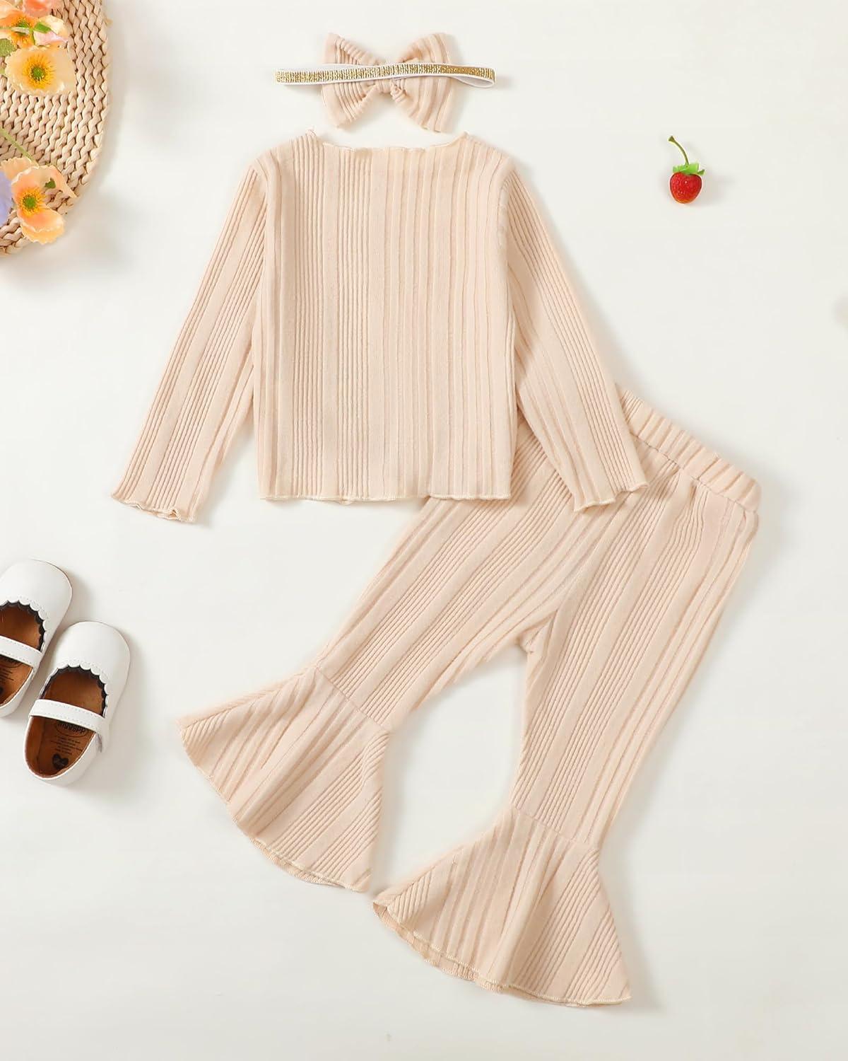 imageKucnuzki Baby Girl Clothes Toddler Clothes Long Sleeve Plain Shirts Top Bell Bottoms Flare Pants Infant Girl Fall OutfitApricot