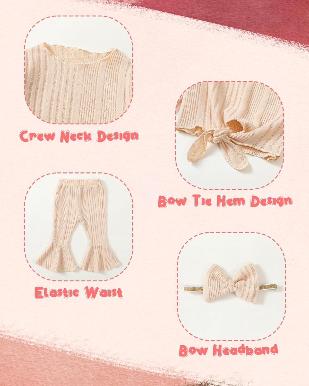 imageKucnuzki Baby Girl Clothes Toddler Clothes Long Sleeve Plain Shirts Top Bell Bottoms Flare Pants Infant Girl Fall OutfitApricot