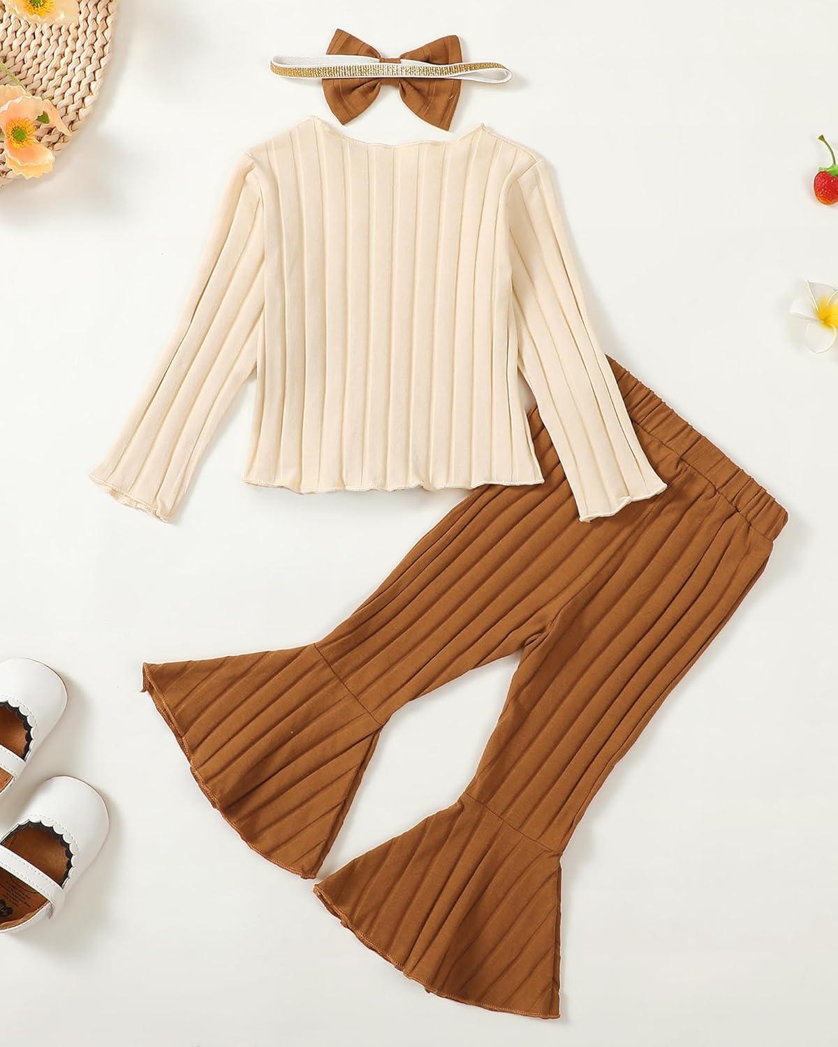 imageKucnuzki Baby Girl Clothes Toddler Clothes Long Sleeve Plain Shirts Top Bell Bottoms Flare Pants Infant Girl Fall OutfitBrown