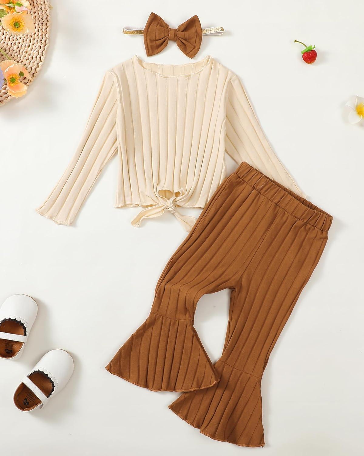 imageKucnuzki Baby Girl Clothes Toddler Clothes Long Sleeve Plain Shirts Top Bell Bottoms Flare Pants Infant Girl Fall OutfitBrown