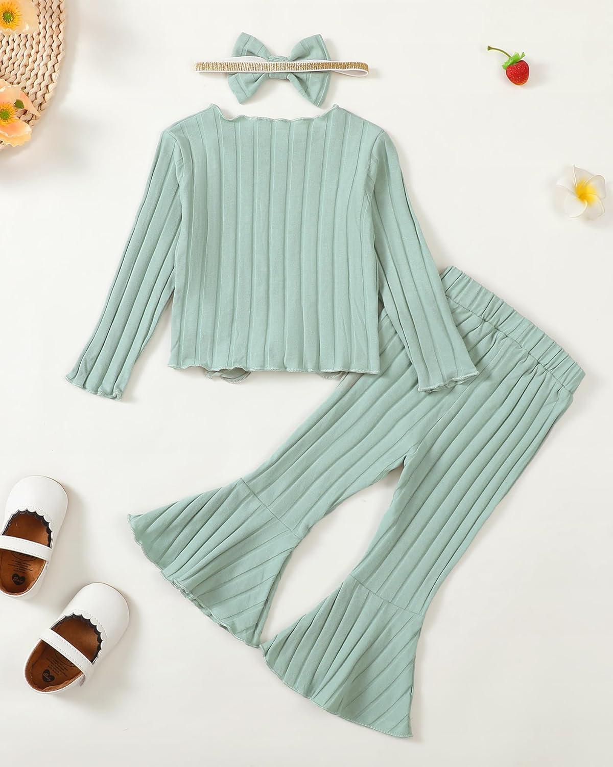 imageKucnuzki Baby Girl Clothes Toddler Clothes Long Sleeve Plain Shirts Top Bell Bottoms Flare Pants Infant Girl Fall OutfitGreen