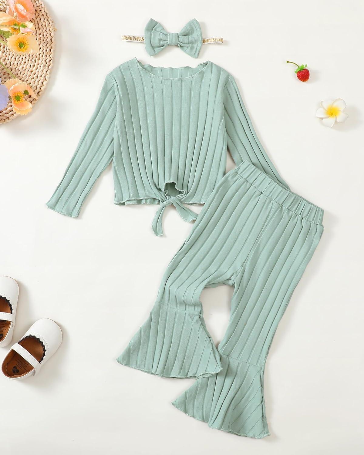imageKucnuzki Baby Girl Clothes Toddler Clothes Long Sleeve Plain Shirts Top Bell Bottoms Flare Pants Infant Girl Fall OutfitGreen