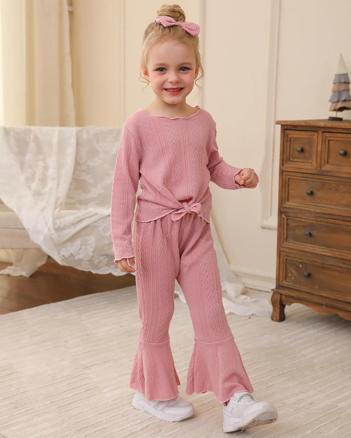 imageKucnuzki Baby Girl Clothes Toddler Clothes Long Sleeve Plain Shirts Top Bell Bottoms Flare Pants Infant Girl Fall OutfitPink