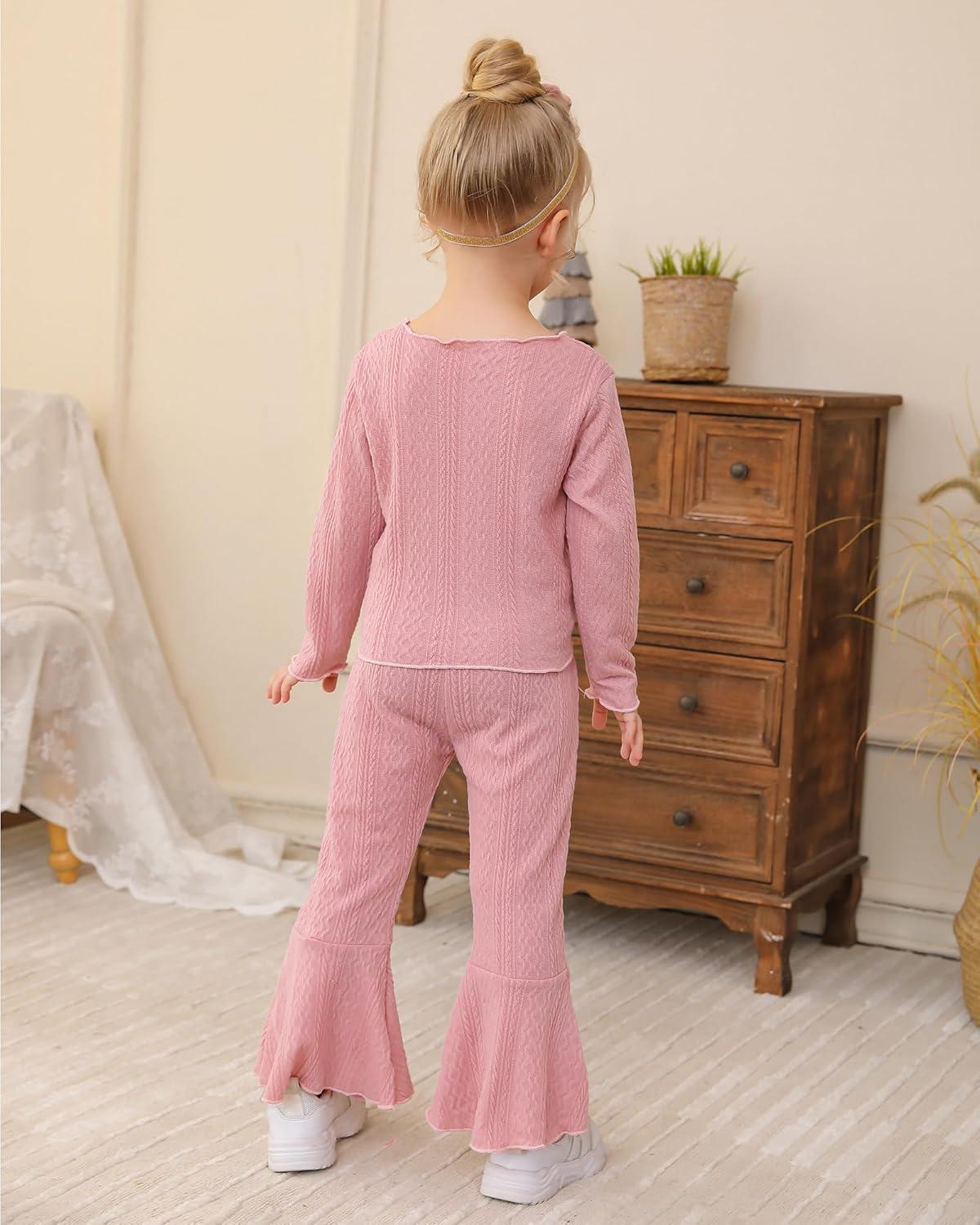 imageKucnuzki Baby Girl Clothes Toddler Clothes Long Sleeve Plain Shirts Top Bell Bottoms Flare Pants Infant Girl Fall OutfitPink