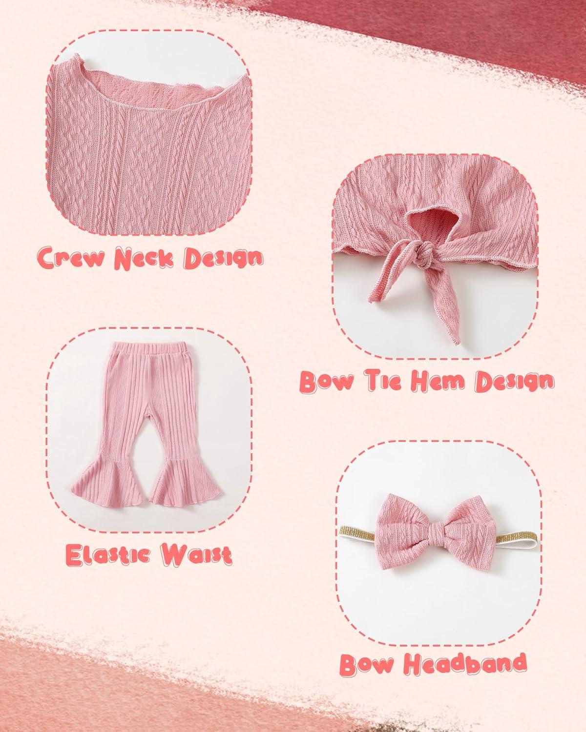 imageKucnuzki Baby Girl Clothes Toddler Clothes Long Sleeve Plain Shirts Top Bell Bottoms Flare Pants Infant Girl Fall OutfitPink