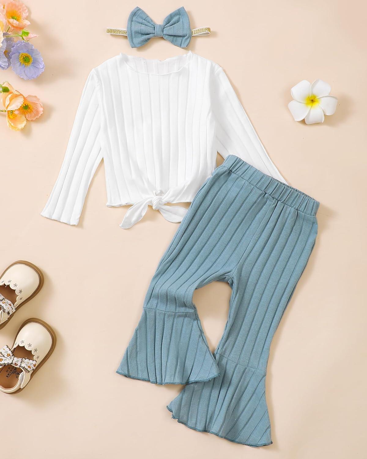imageKucnuzki Baby Girl Clothes Toddler Clothes Long Sleeve Plain Shirts Top Bell Bottoms Flare Pants Infant Girl Fall OutfitWhite