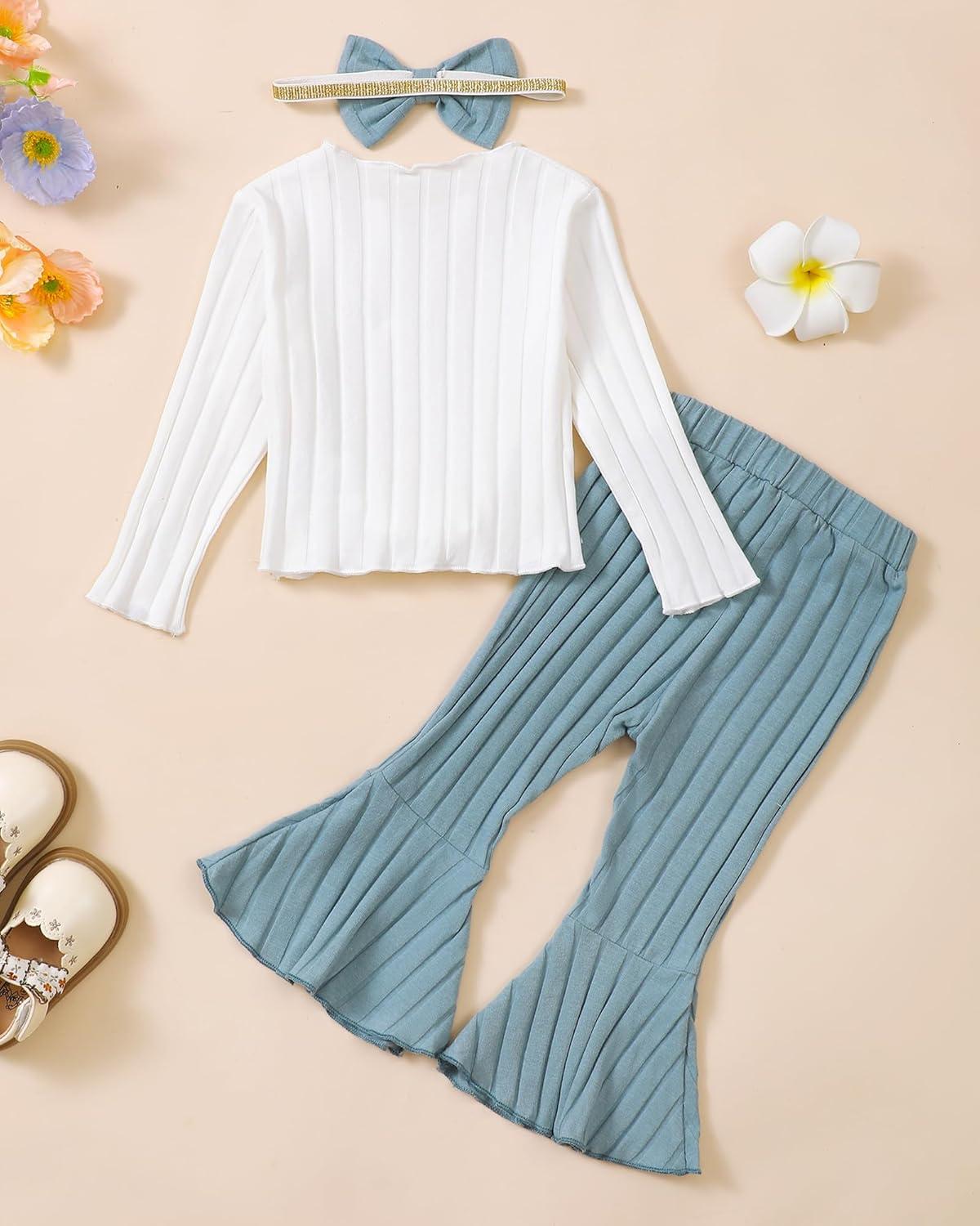 imageKucnuzki Baby Girl Clothes Toddler Clothes Long Sleeve Plain Shirts Top Bell Bottoms Flare Pants Infant Girl Fall OutfitWhite