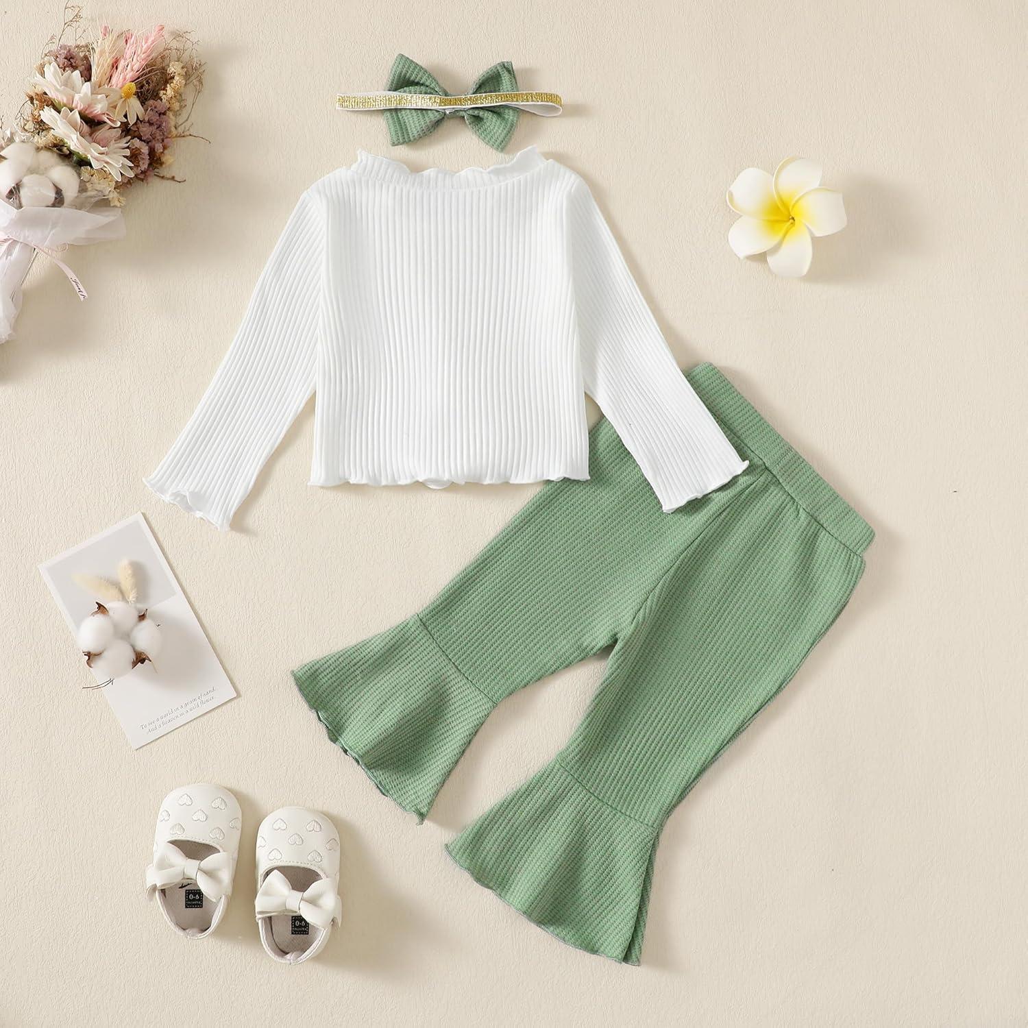 imageKucnuzki Baby Girl Clothes Toddler Clothes Long Sleeve Plain Shirts Top Bell Bottoms Flare Pants Infant Girl Fall OutfitWhitegreen