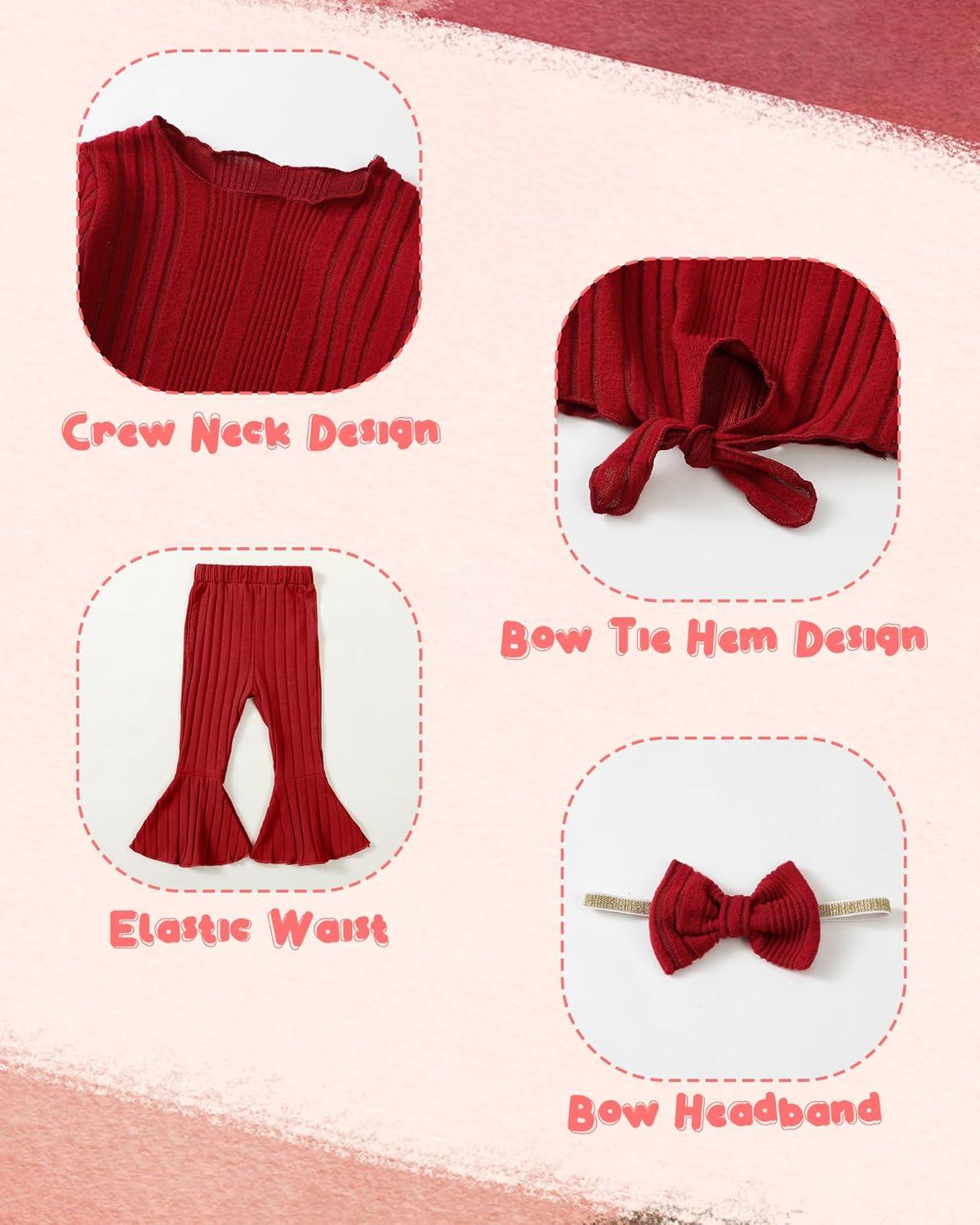 imageKucnuzki Baby Girl Clothes Toddler Clothes Long Sleeve Plain Shirts Top Bell Bottoms Flare Pants Infant Girl Fall OutfitWine Red