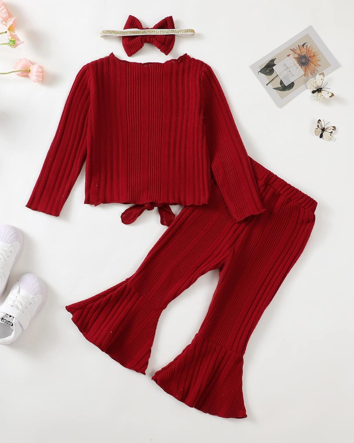 imageKucnuzki Baby Girl Clothes Toddler Clothes Long Sleeve Plain Shirts Top Bell Bottoms Flare Pants Infant Girl Fall OutfitWine Red