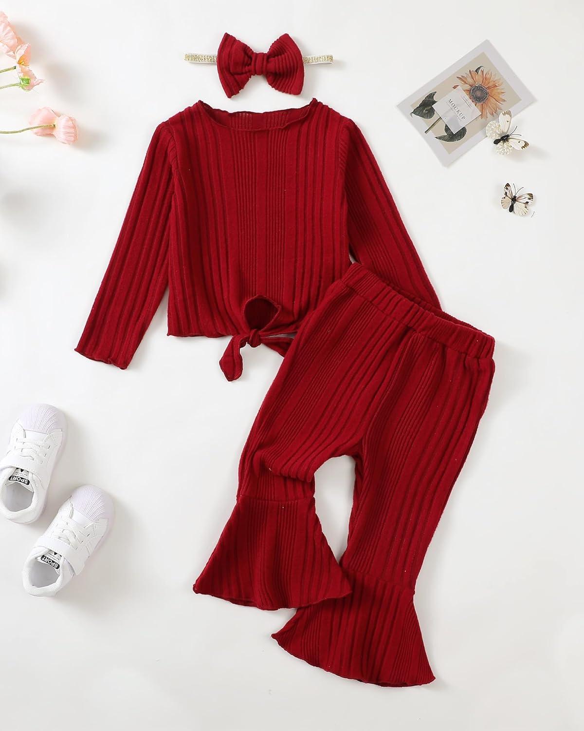 imageKucnuzki Baby Girl Clothes Toddler Clothes Long Sleeve Plain Shirts Top Bell Bottoms Flare Pants Infant Girl Fall OutfitWine Red