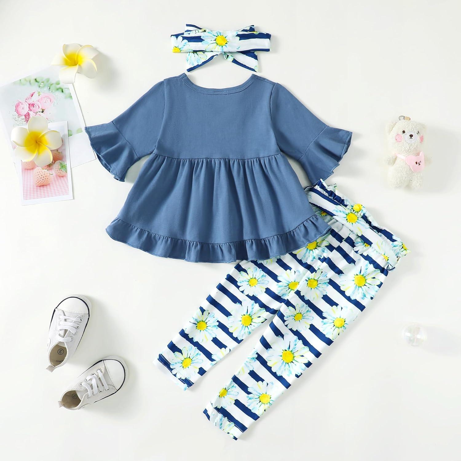 imageKucnuzki Baby Girl Clothes Toddler Girl Outfit Cute Shirt Ruffle Top Pant Set Fall Winter Clothing For GirlBlue