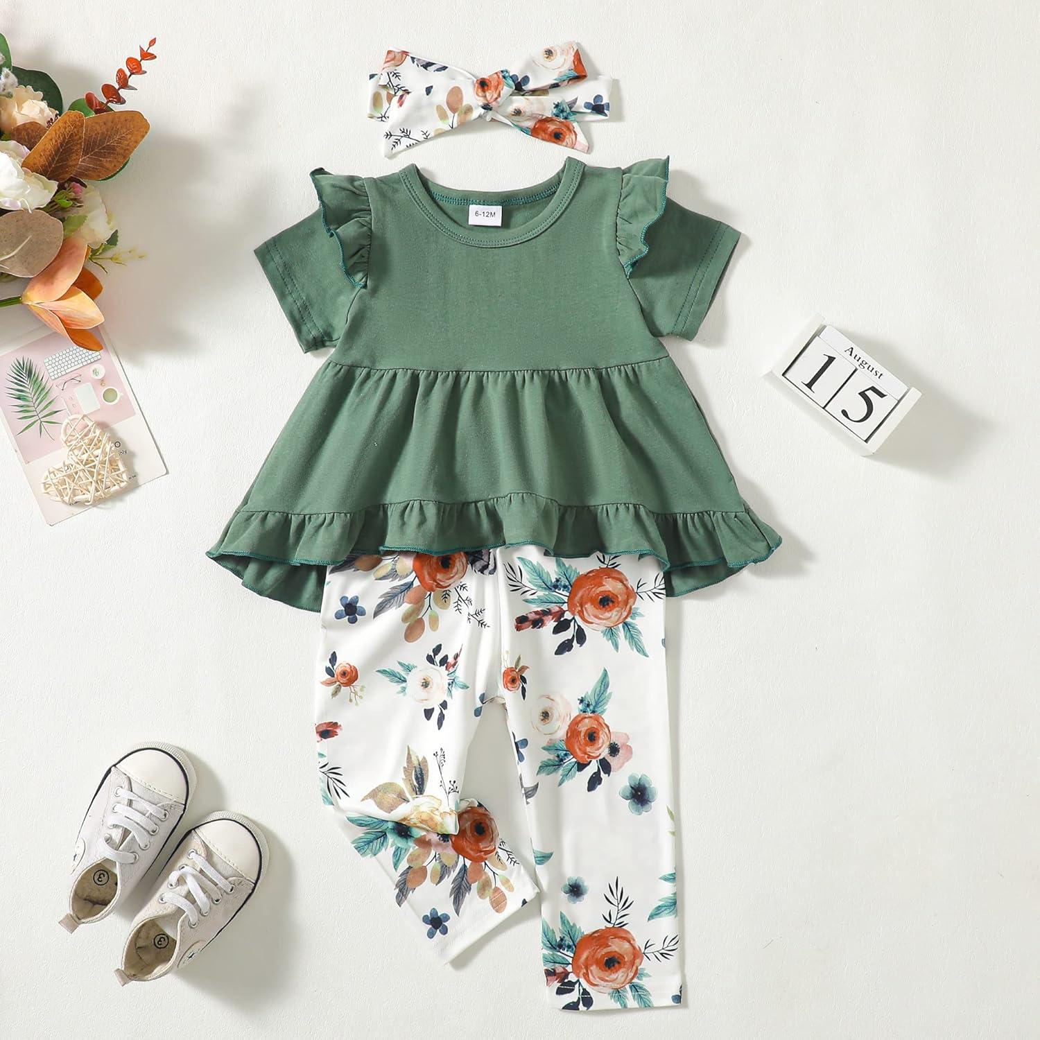 imageKucnuzki Baby Girl Clothes Toddler Girl Outfit Cute Shirt Ruffle Top Pant Set Fall Winter Clothing For GirlDark Green