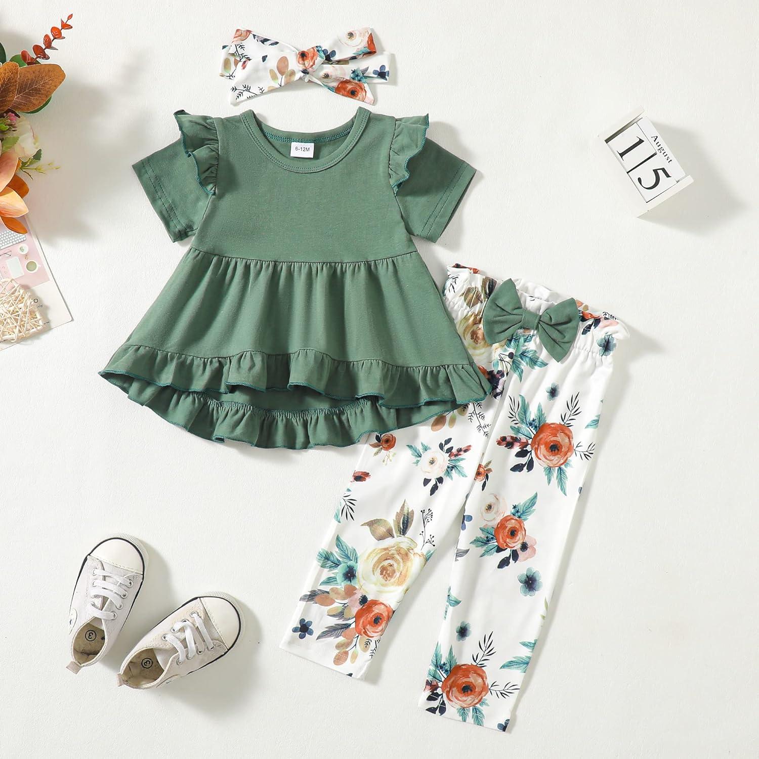 imageKucnuzki Baby Girl Clothes Toddler Girl Outfit Cute Shirt Ruffle Top Pant Set Fall Winter Clothing For GirlDark Green