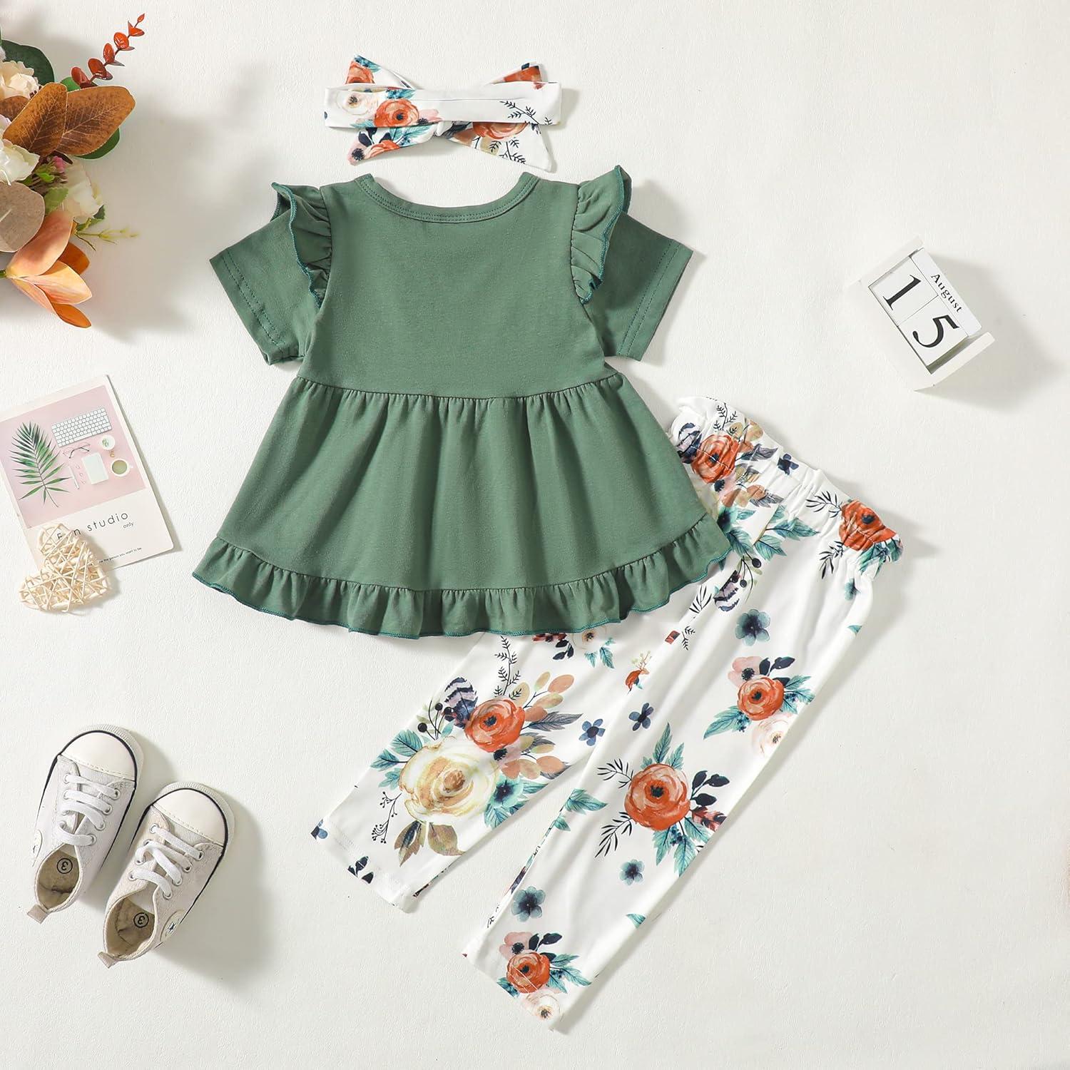 imageKucnuzki Baby Girl Clothes Toddler Girl Outfit Cute Shirt Ruffle Top Pant Set Fall Winter Clothing For GirlDark Green