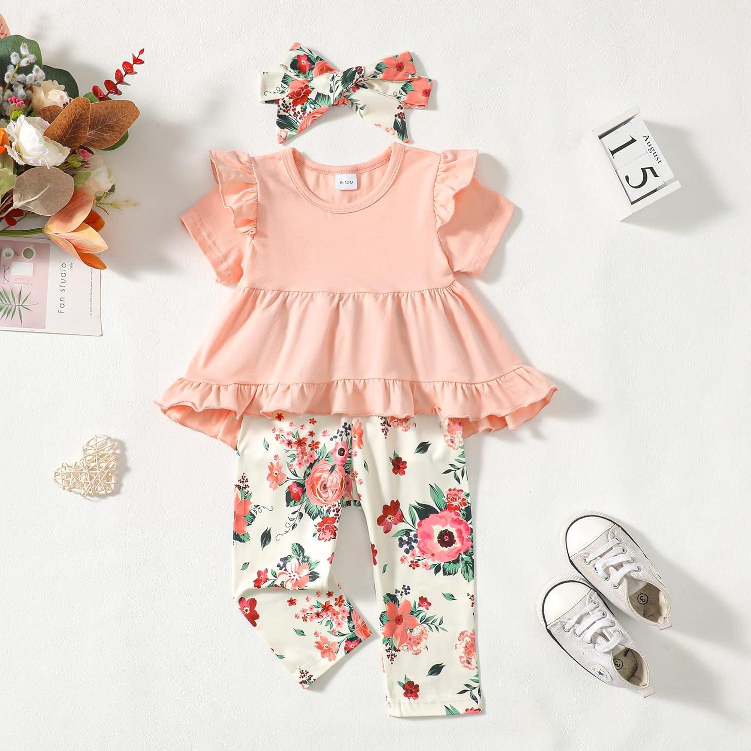 imageKucnuzki Baby Girl Clothes Toddler Girl Outfit Cute Shirt Ruffle Top Pant Set Fall Winter Clothing For GirlFloral Pink